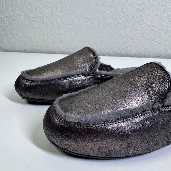 UGG Slippers 11 Lane Metallic Gunmetal Suede Fur Lined Sheepskin Loafer Mule - Picture 6 of 13